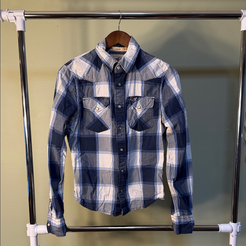 Y2K Hollister Blue and White Plaid Men's Shirt